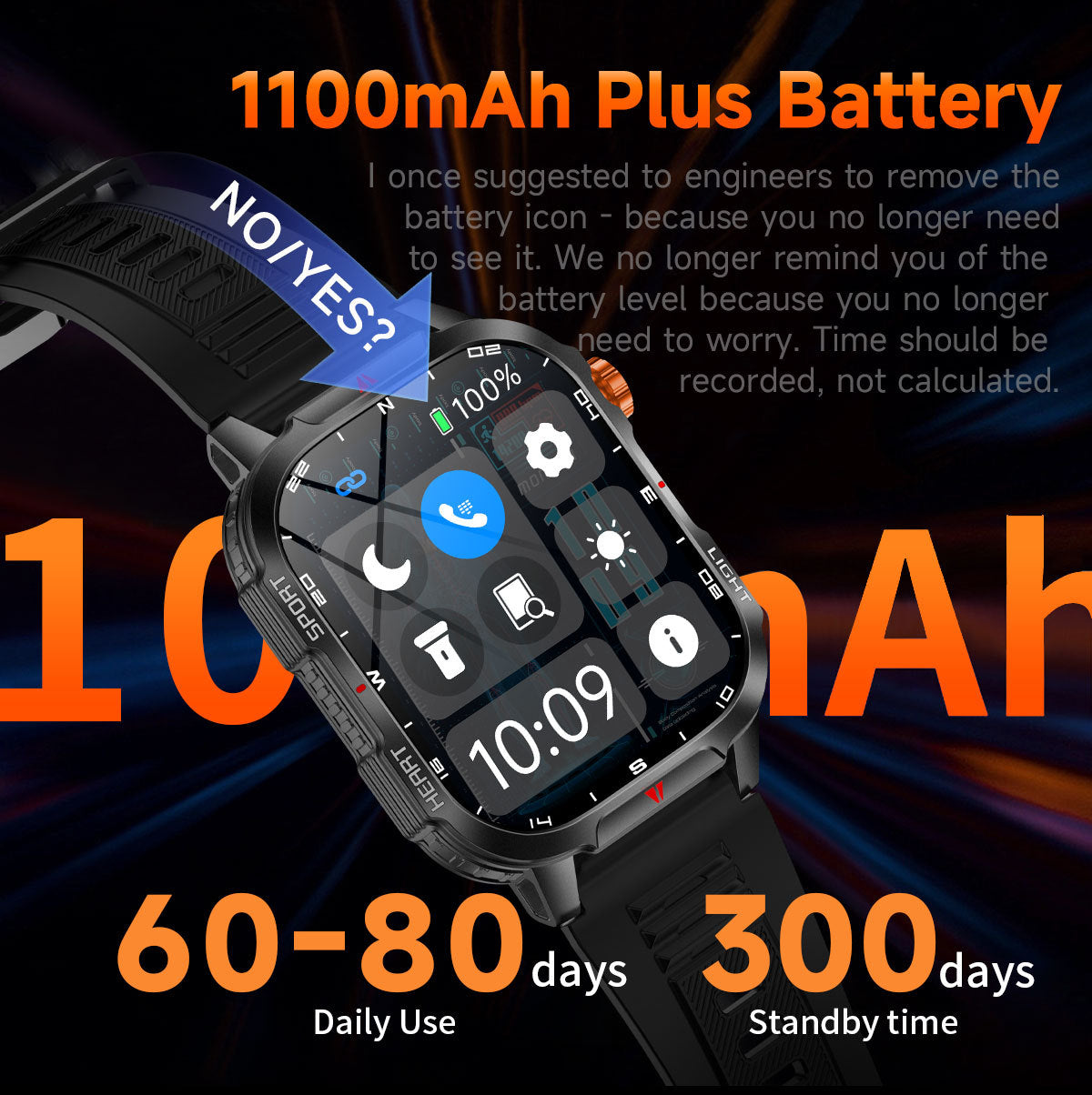 Rugged Outdoor Smart Watch for Men - 1100mAh Extra Long Battery with LED Flashlight & Compass - 2.01" HD Screen Bluetooth Calling IP68 Waterproof Fitness Tracker - Orange