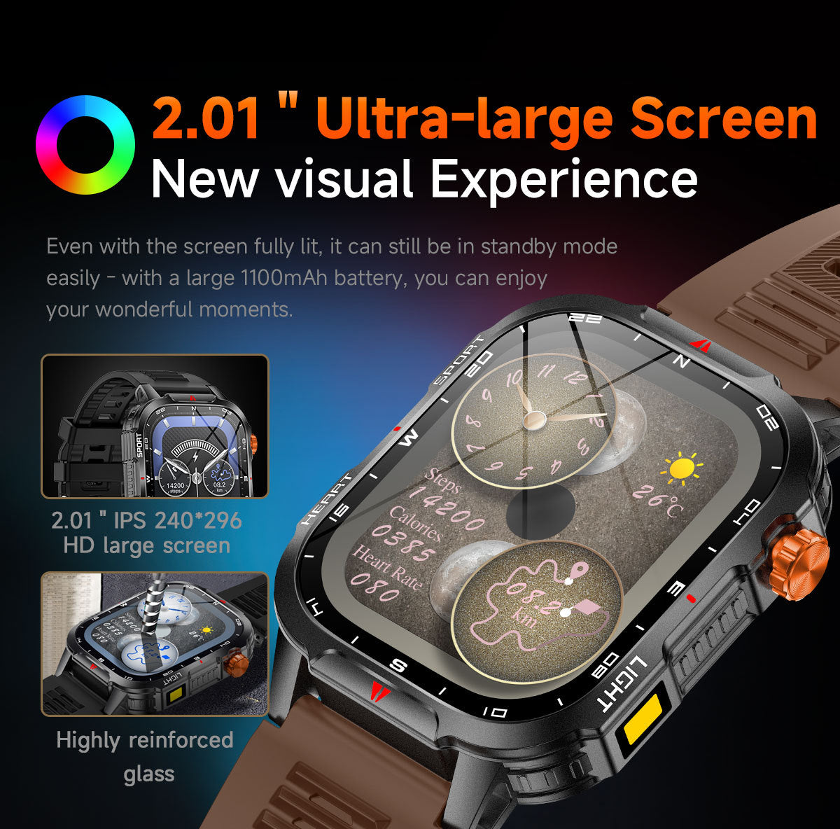 Rugged Outdoor Smart Watch for Men - 1100mAh Extra Long Battery with LED Flashlight & Compass - 2.01" HD Screen Bluetooth Calling IP68 Waterproof Fitness Tracker - Orange