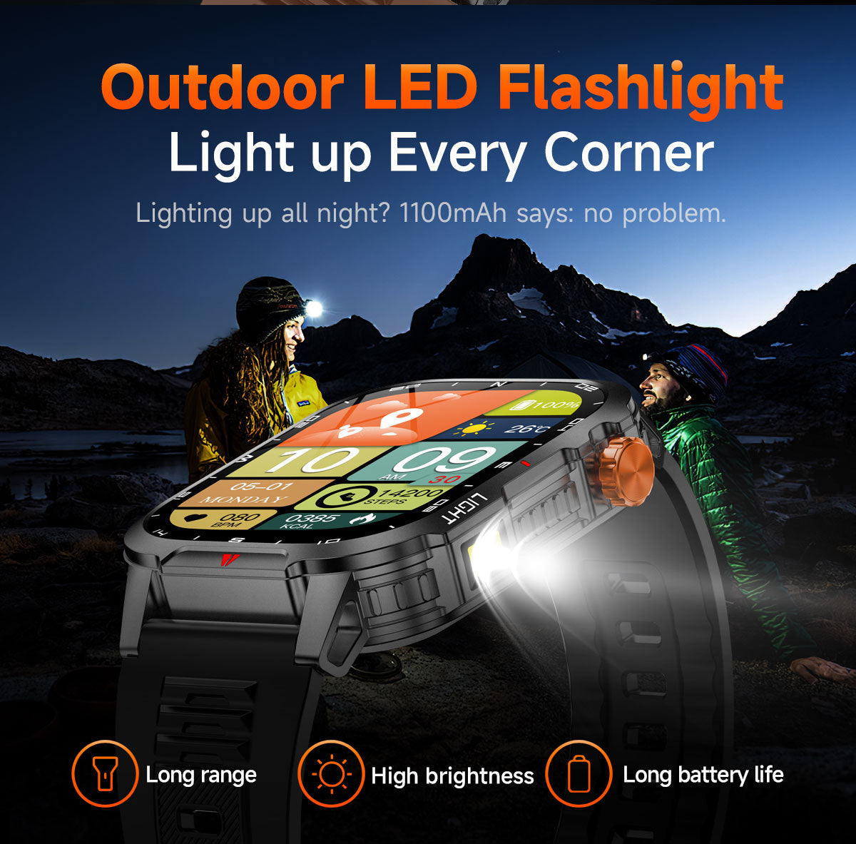 Rugged Outdoor Smart Watch for Men - 1100mAh Extra Long Battery with LED Flashlight & Compass - 2.01" HD Screen Bluetooth Calling IP68 Waterproof Fitness Tracker - Orange