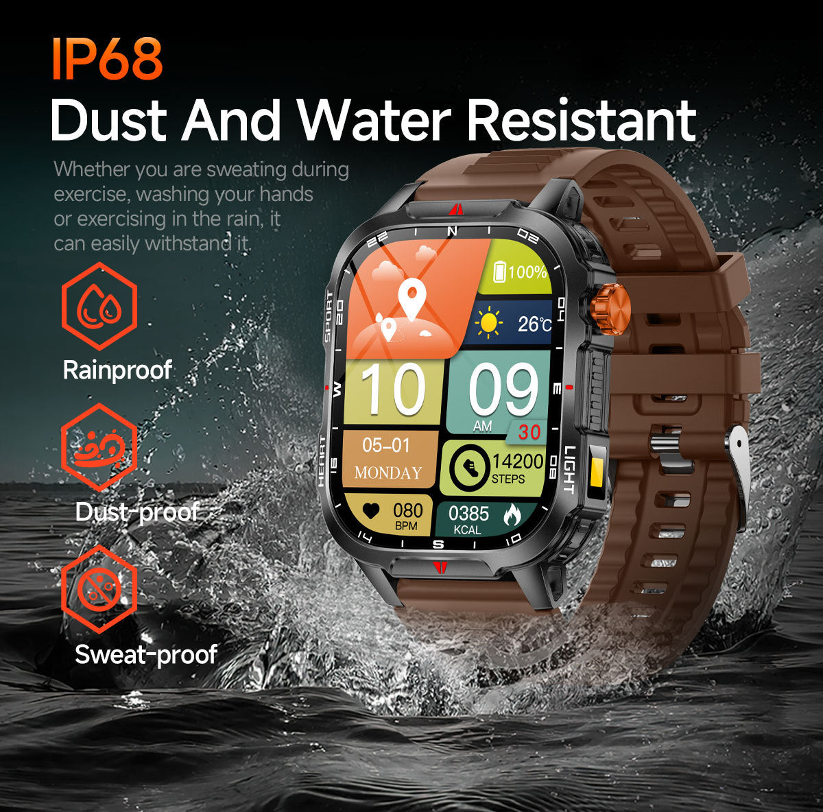Rugged Outdoor Smart Watch for Men - 1100mAh Extra Long Battery with LED Flashlight & Compass - 2.01" HD Screen Bluetooth Calling IP68 Waterproof Fitness Tracker - Orange