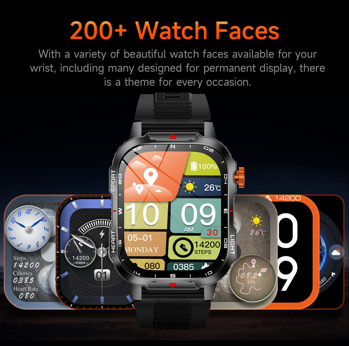 Rugged Outdoor Smart Watch for Men - 1100mAh Extra Long Battery with LED Flashlight & Compass - 2.01" HD Screen Bluetooth Calling IP68 Waterproof Fitness Tracker - Orange