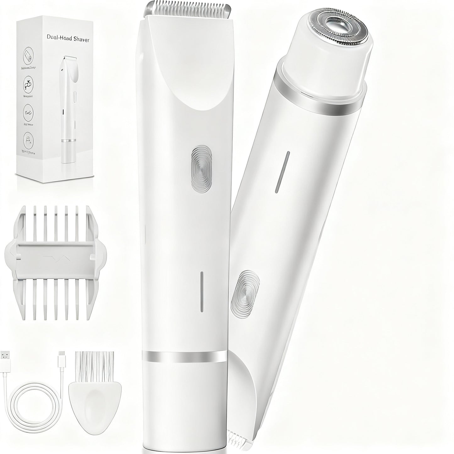 2-in-1 Electric Lady Shaver & Bikini Trimmer Dual Head Waterproof Wet & Dry Body Hair Remover Cordless Razor for Face Legs Underarms White