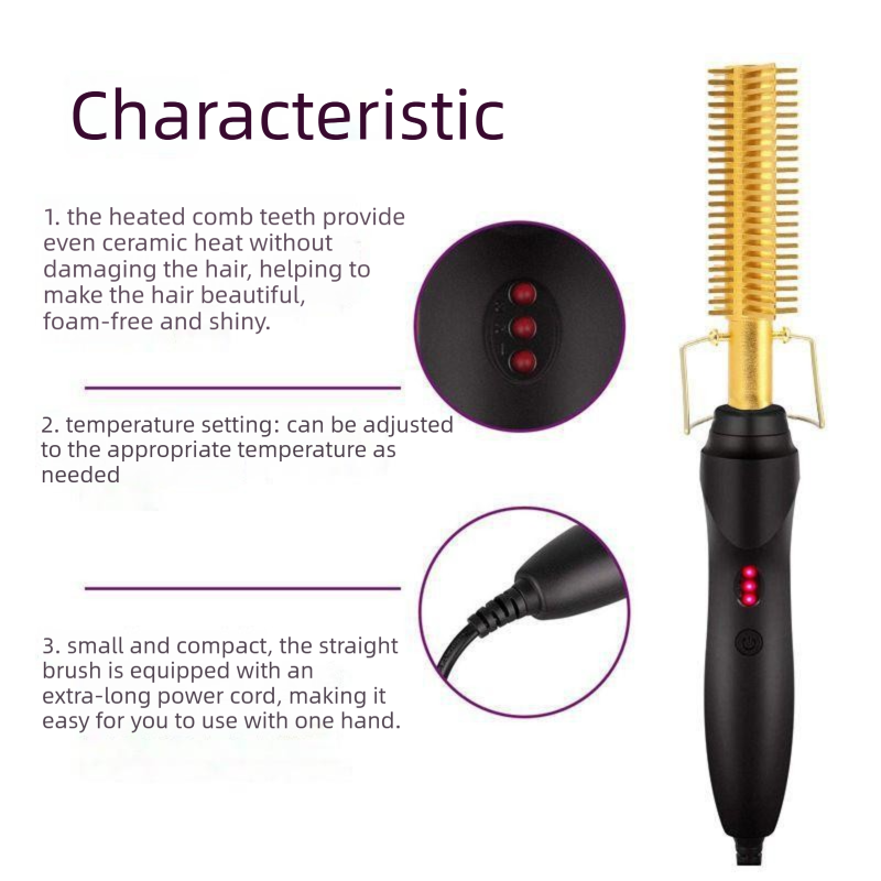 2-in-1 Electric Hot Comb Hair Straightener & Curler Titanium Alloy Heating Fast Heat Up Anti-Scald Pressing Comb with AU Plug 3 Temp Settings Black