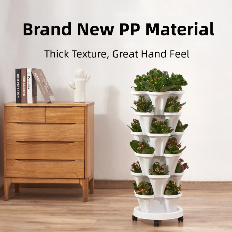 White 3-Tier Stackable Strawberry & Vegetable Planter with Mobile Wheel Tray - Space-Saving Vertical Gardening System