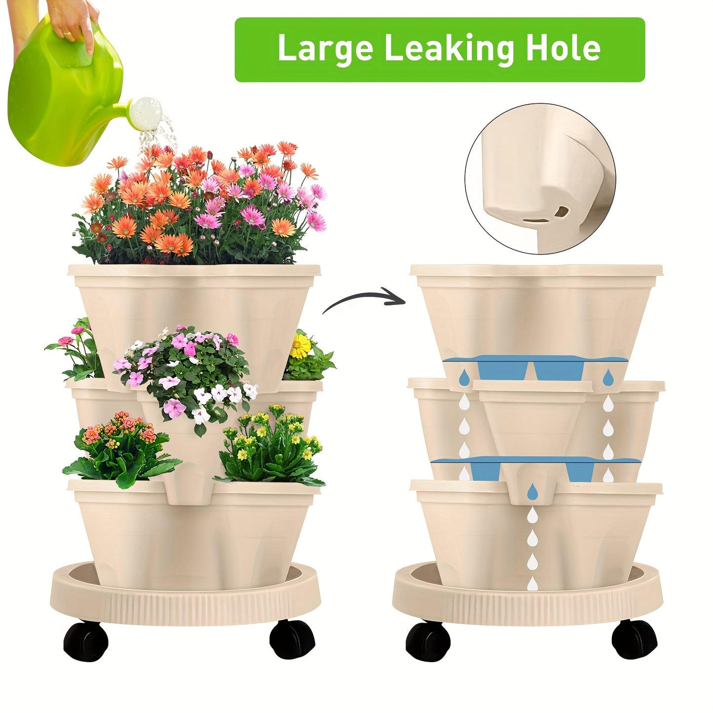 Green 3-Tier Stackable Strawberry & Vegetable Planter with Mobile Wheel Tray - Space-Saving Vertical Gardening System