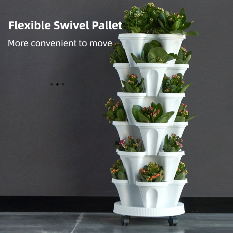 Pink 3-Tier Stackable Strawberry & Vegetable Planter with Mobile Wheel Tray - Space-Saving Vertical Gardening System