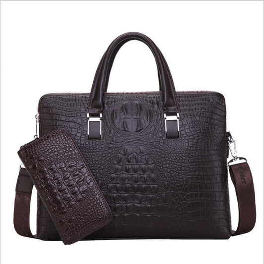 Brown Men's Luxury Crocodile Embossed PU Leather Briefcase(39 x 8 x 28 CM) With FREE Crocodile Wallet - Dual-Zip Business Shoulder/Crossbody Laptop Bag (Fits 14-inch)