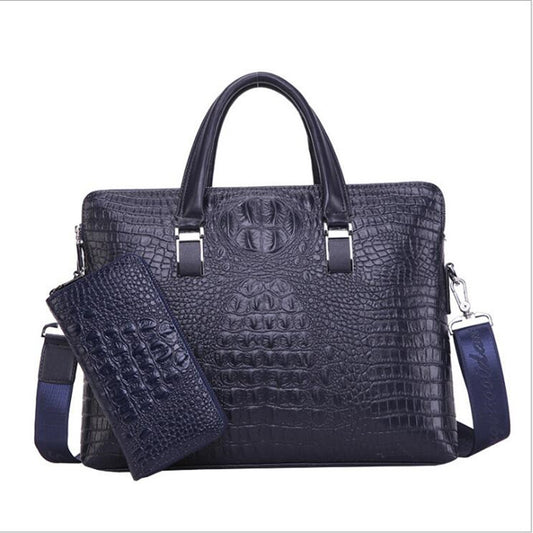 Blue Men's Luxury Crocodile Embossed PU Leather Briefcase(39 x 8 x 28 CM) With FREE Crocodile Wallet - Dual-Zip Business Shoulder/Crossbody Laptop Bag (Fits 14-inch)