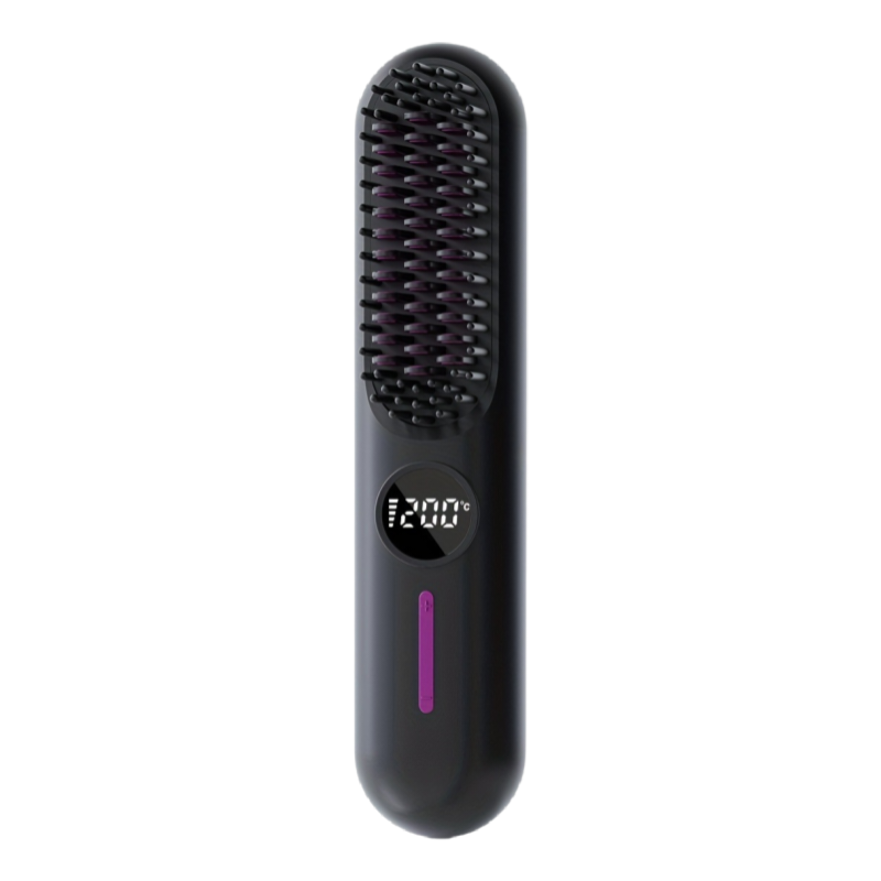 S01 Black Cordless Hair Straightener Brush - 2-in-1 Curling & Straightening Tool with LED Power Display and 7-Level Temp Control, Mini Quick Heat Anti-Damage