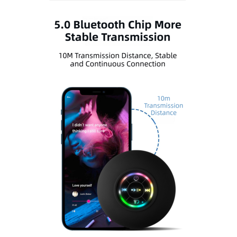 White IPX4 Waterproof Portable Bluetooth Shower Speaker with Suction Cup & LED Light - Multi-Use As Phone Stand, Built-in Mic for Hands-Free Calling