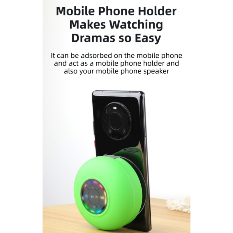 White IPX4 Waterproof Portable Bluetooth Shower Speaker with Suction Cup & LED Light - Multi-Use As Phone Stand, Built-in Mic for Hands-Free Calling