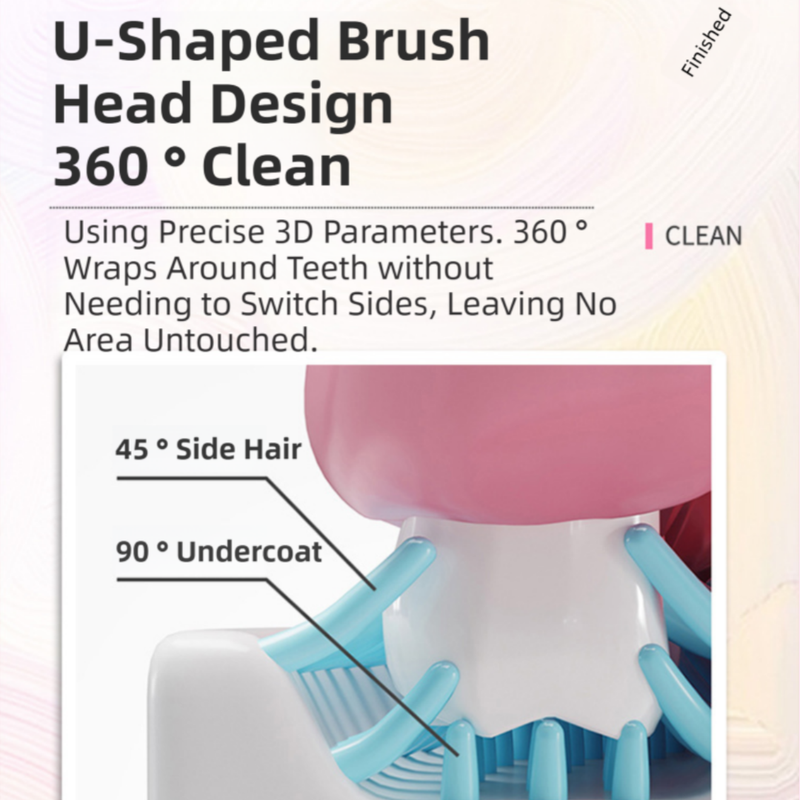 Blue Dinosaur 360° U-Shaped Electric Toothbrush Set for Teens/Adults 15 and Up Years Old - Silicone Soft Bristle Oral Cleaner with 6 Modes & 3 Large Brush Heads
