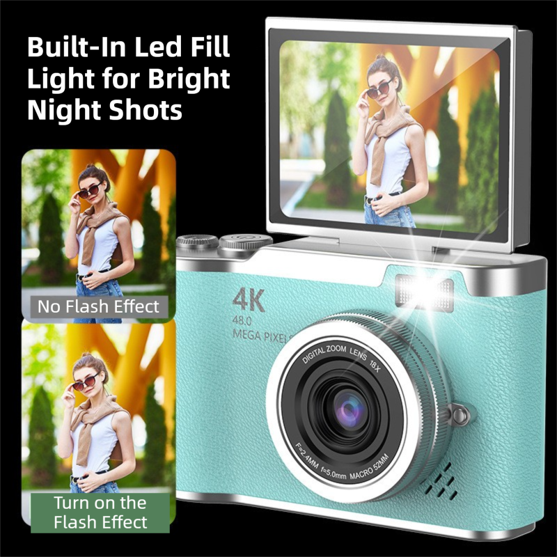 White 4K Compact Digital CCD Camera for Vlogging & Students - Portable Point and Shoot with 2.4-inch Rotating Screen, 8X Optical Zoom, and Anti-Shake