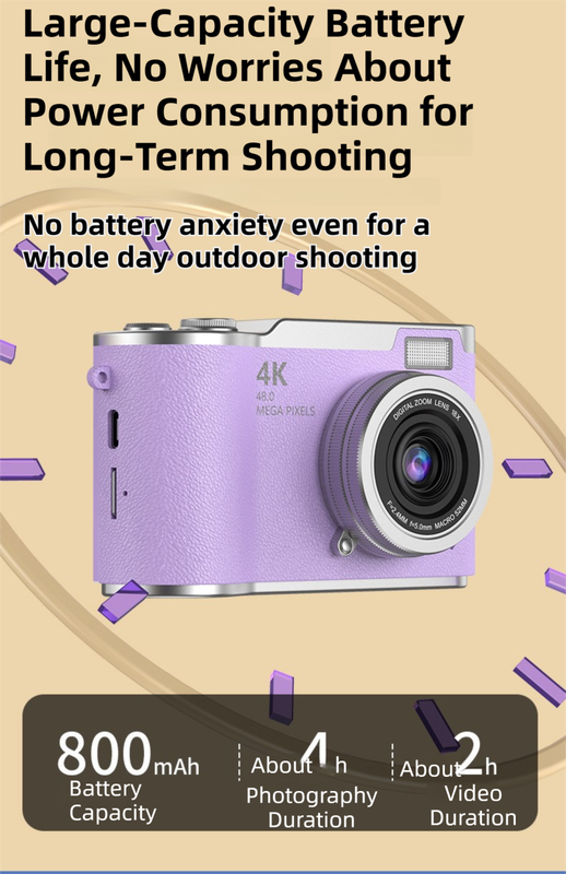White 4K Compact Digital CCD Camera for Vlogging & Students - Portable Point and Shoot with 2.4-inch Rotating Screen, 8X Optical Zoom, and Anti-Shake