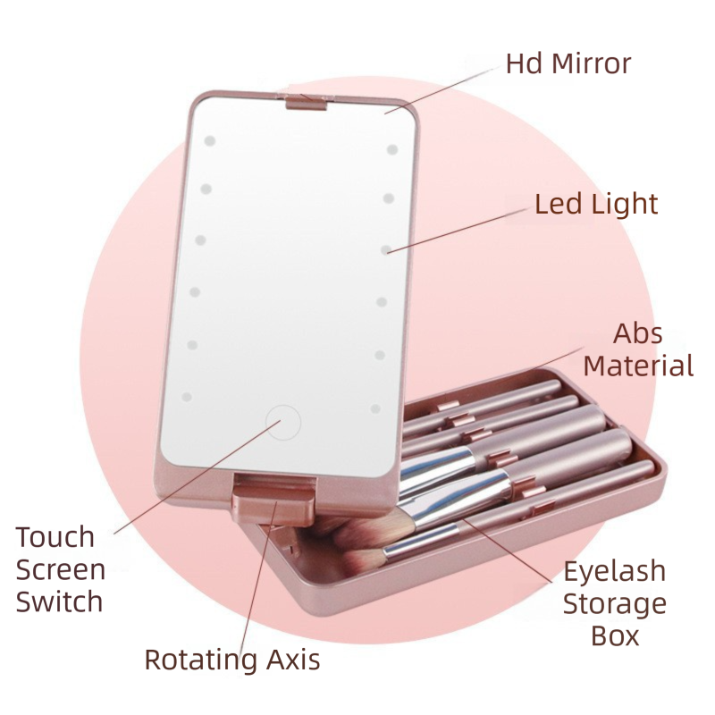 White Portable LED Makeup Mirror with Lights & Brushes (9x2.5x16CM) - Mini Foldable Desktop Vanity Mirror with Dual Color Temperature