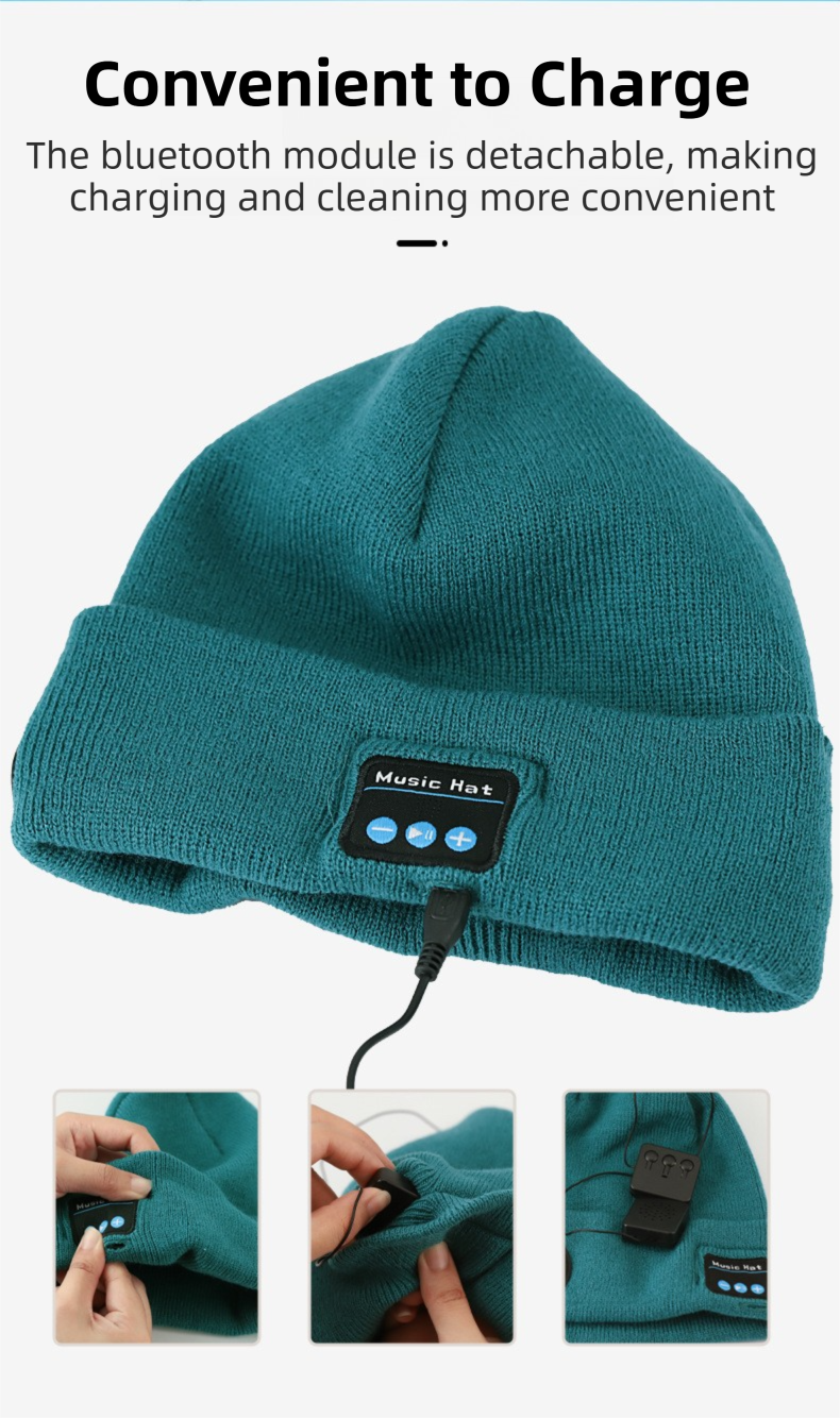 Dark Blue Removable LED Bluetooth Headphone Beanie - Washable Knit Hat with 3-Level LED Illumination & Stereo Sound, USB Rechargeable