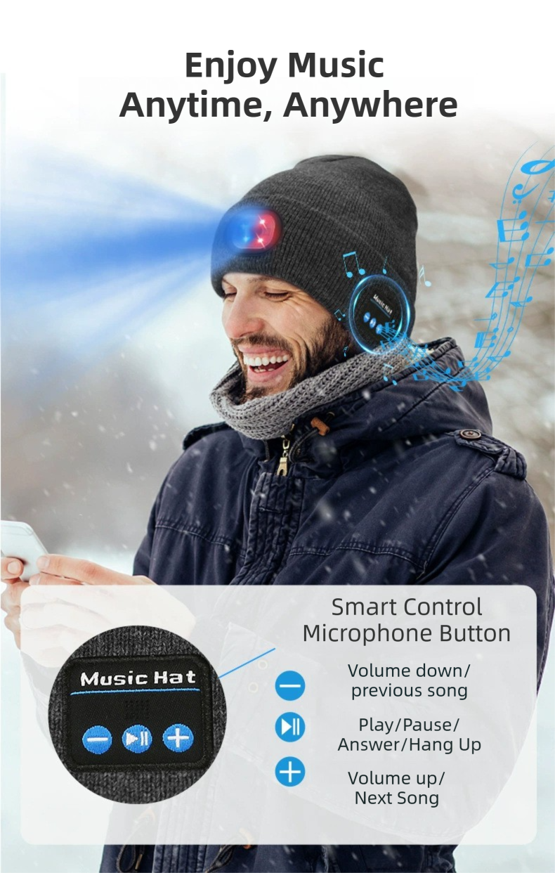 Light Blue Removable LED Bluetooth Headphone Beanie - Washable Knit Hat with 3-Level LED Illumination & Stereo Sound, USB Rechargeable