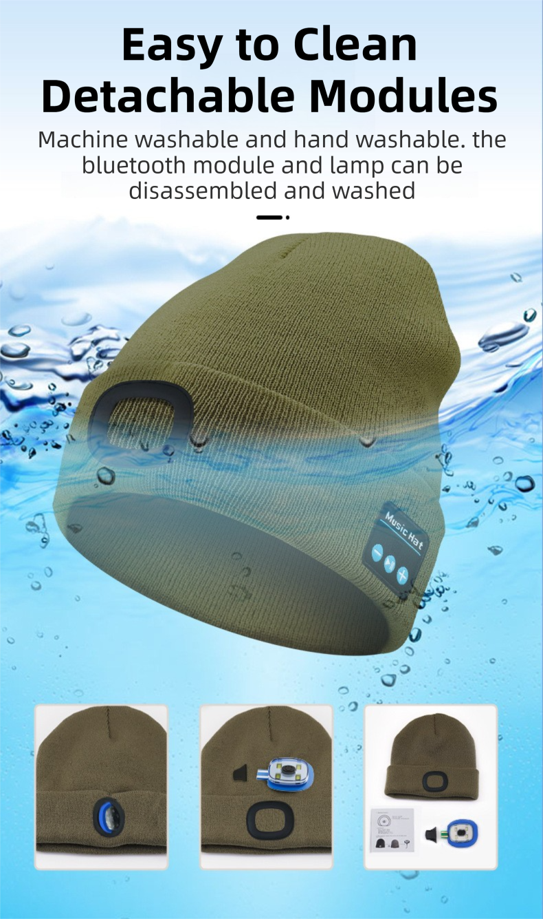 Green Removable LED Bluetooth Headphone Beanie - Washable Knit Hat with 3-Level LED Illumination & Stereo Sound, USB Rechargeable