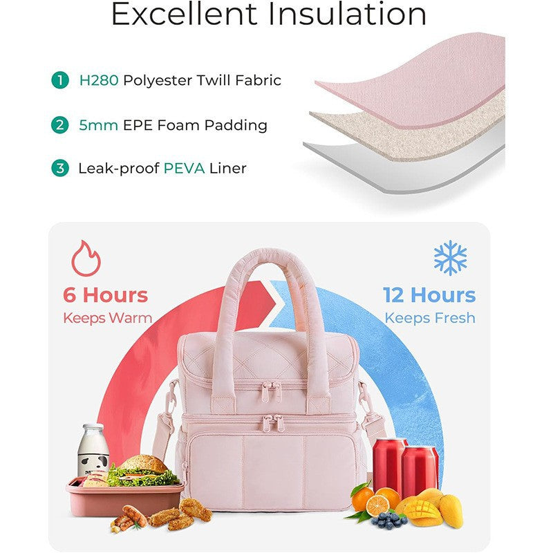 Camel Double-Layer Insulated Quilted Puffer Lunch Bag(10 x 7 x 10 inch) - Large Capacity Picnic Cooler Tote, Long-Lasting Hot/Cold Retention