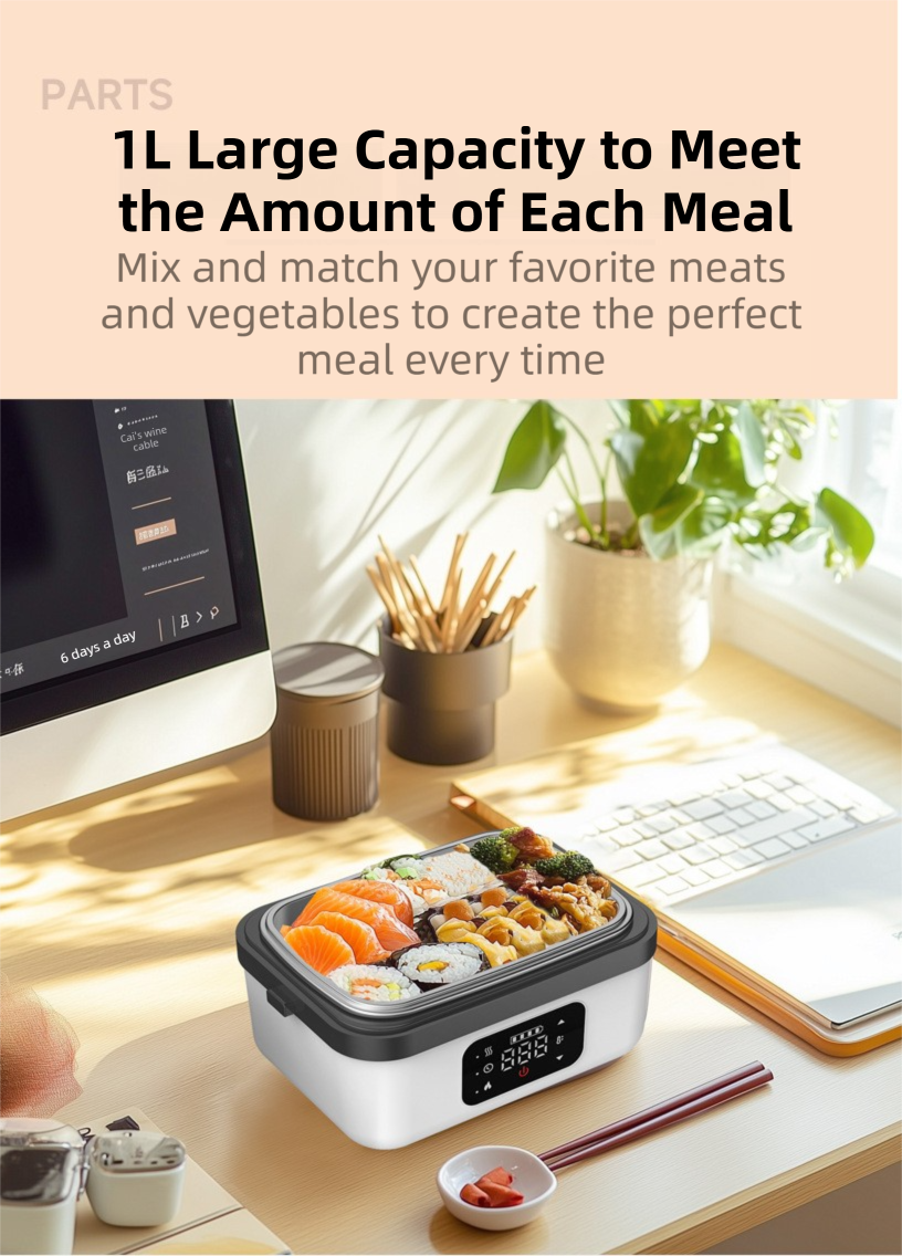 1L White Cordless Waterless Heated Lunch Box - Portable 304 Stainless Steel Bento Box for Picnic Students Office Workers, Timed Insulation & USB Rechargeable