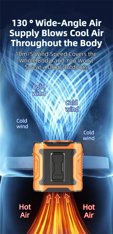 Light Green Portable Waist Fan - Construction Site Cooling Solution with 360° Turbo Ice Engine, 100 Speed Gears, and LED Light