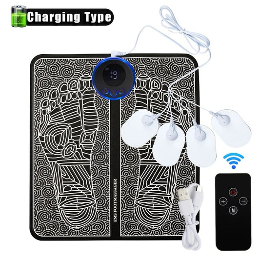 EMS Foot Massager Mat With 4 Adhesive Pads & Remote Control - Pulse Device for Foot Reflexology, Deep Tissue Massage, and Acupressure Stimulation