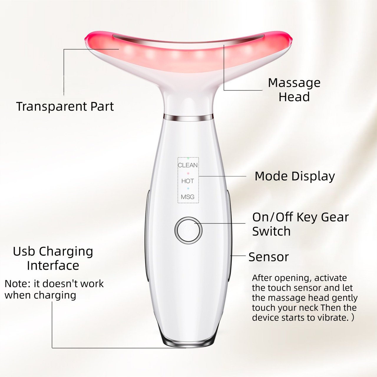White Color Light Therapy Beauty Tool and Neck Massager -  Essence Infusion Device for Lifting, Firming, Hydration & Skin Rejuvenation