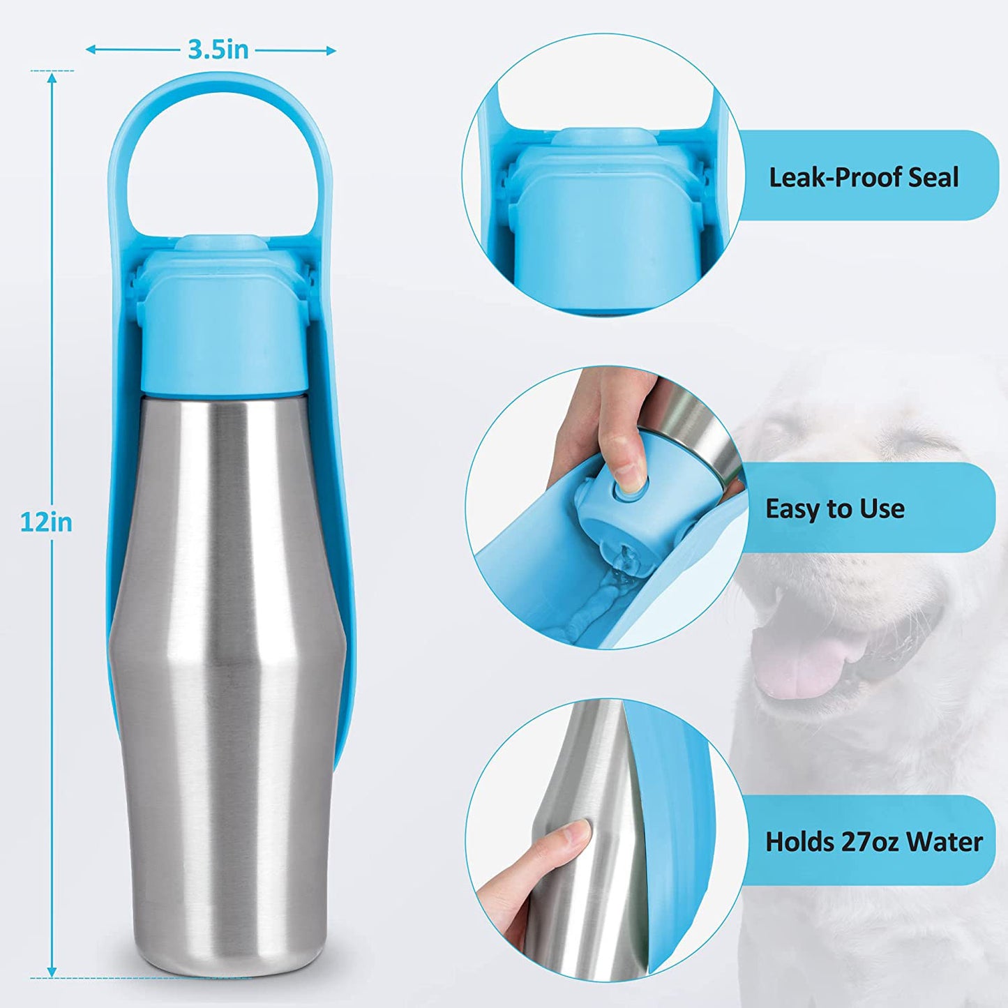 Black 27oz Food-Grade 304 Stainless Steel Pet Water Bottle - Portable Dog and Cat Travel Cup, Outdoor Feeder for Walks and Hikes