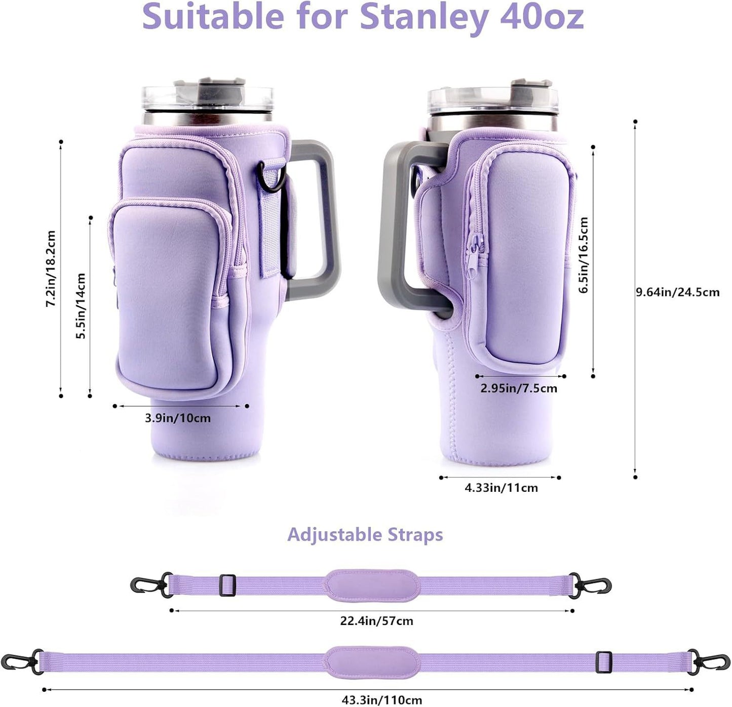 40oz Purple Insulated Tumbler Carrier Sleeve with Adjustable Shoulder Strap - Neoprene Triple-Pocket Holder for Outdoor and Car Use