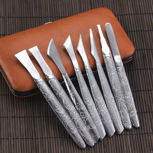 8-Piece Orchid Pattern Stainless Steel Pedicure Tool Set - Precision Tools with Leather Case for Ingrown Toenail & Dead Skin Removal