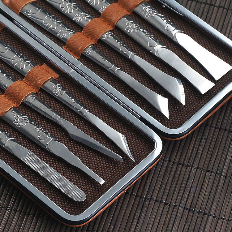 8-Piece Orchid Pattern Stainless Steel Pedicure Tool Set - Precision Tools with Leather Case for Ingrown Toenail & Dead Skin Removal