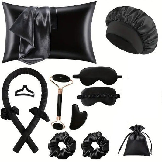 12-Piece Heatless Hair Curler Set for Damage-Free Curls & Comfortable Sleep - Soft Sponge Sleep-In Rollers for DIY Styling (Black)