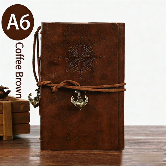 2-Pack A6 Nautical Vintage PU Leather Student Notebook - Pirate Style Strapped Diary with 150 Pages of Refillable Kraft Paper(Coffee Brown)
