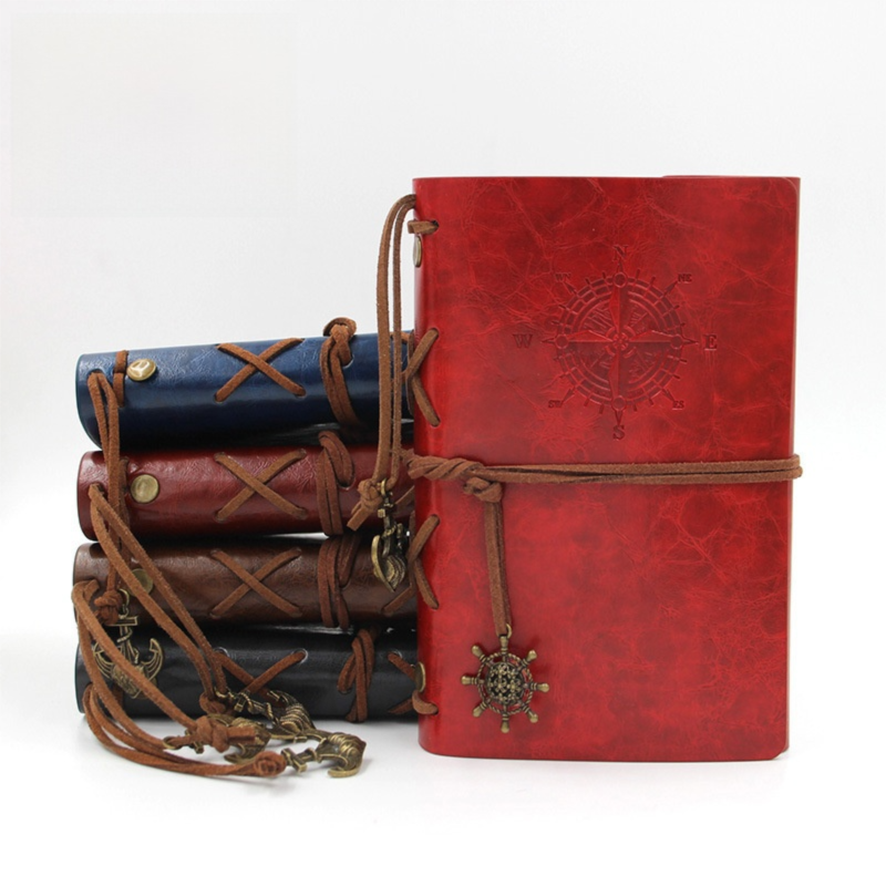 2-Pack A7 Nautical Vintage PU Leather Student Notebook - Pirate Style Strapped Diary with 150 Pages of Refillable Kraft Paper(Brown)