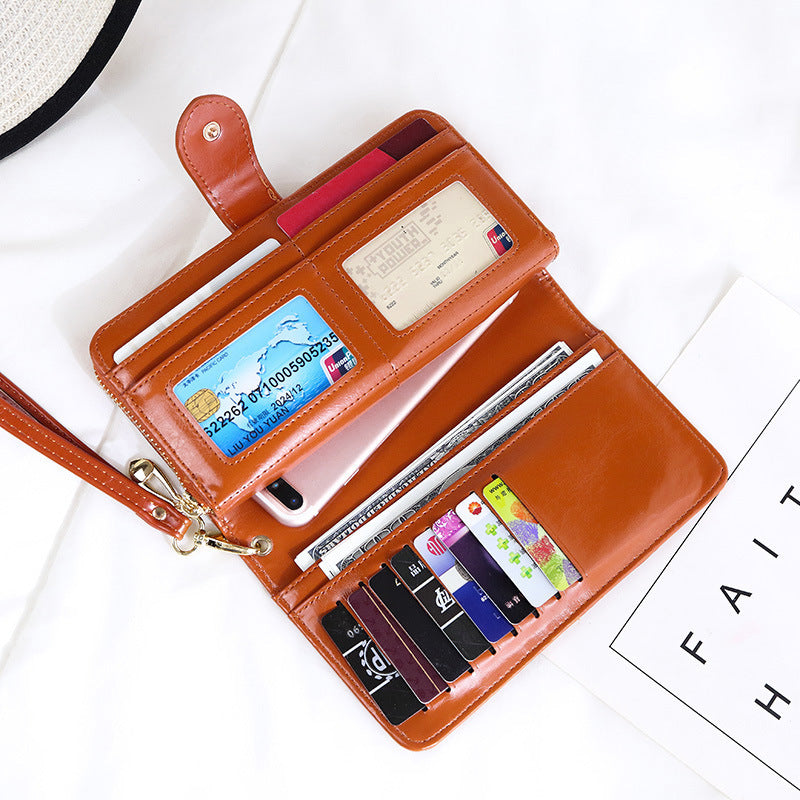 Black Women's Long Buckle Closure Wallet - PU Lether Large Capacity Multi-Slot Card Holder & Purse Combo wIth Wristband