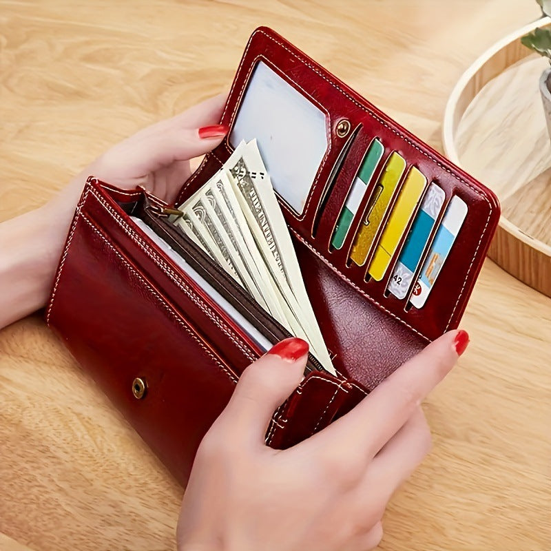 Peacock Blue Women's Vintage Oil Wax Leather Long Wallet - Elegant Large Capacity Purse with Secure Zipper