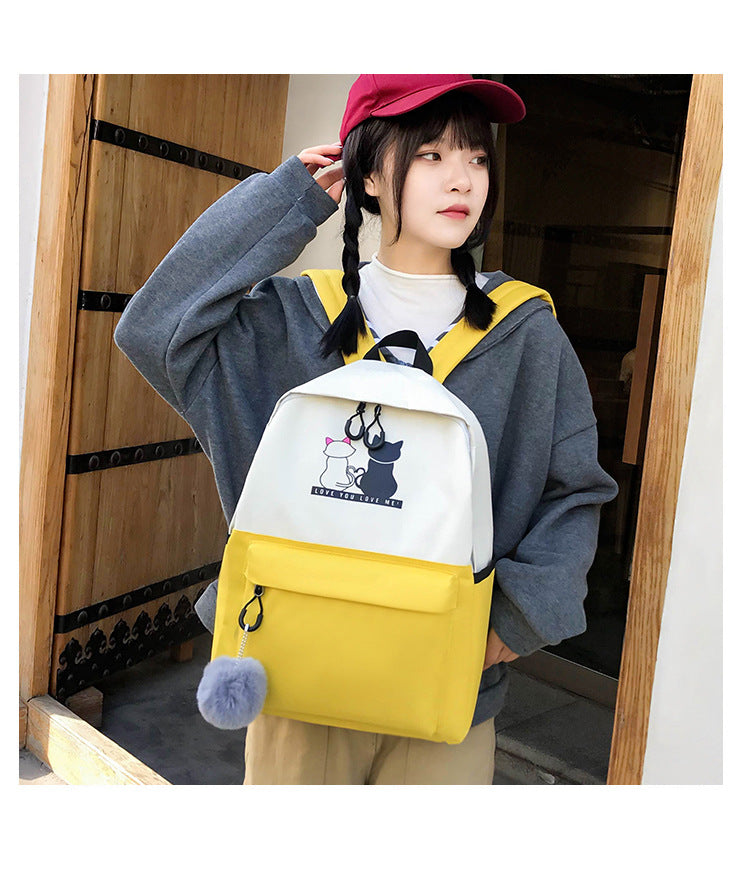 4-Piece Green Student Backpack Set with Cat Print - Durable Canvas School Bag Combo - Includes Backpack, Tote Bag, Crossbody Bag & Pencil Case