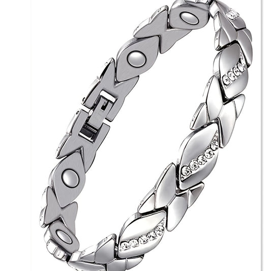 Leaf Magnetic Therapy Bracelet with Rhinestones - Geometric Stylish Wristband & Wellness Jewelry, Free Removel Tool(Sliver)