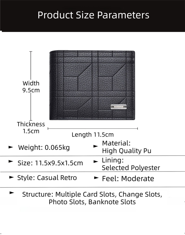 Black Men's Ultra-Thin PU Leather Wallet - Compact & Stylish Bi-fold Purse with Multiple Card Slots