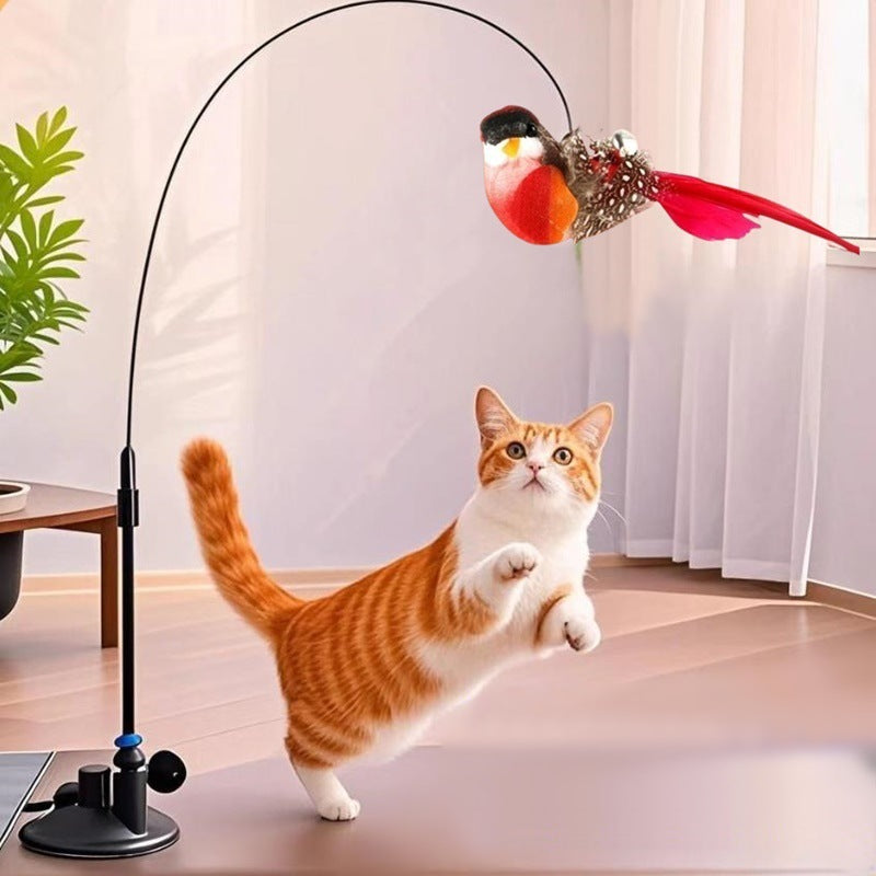 Interactive Self-Play Cat Wand with Suction Base - Automatic Bouncing Teaser Including Bell & 3 Bird Attachments(Blue)