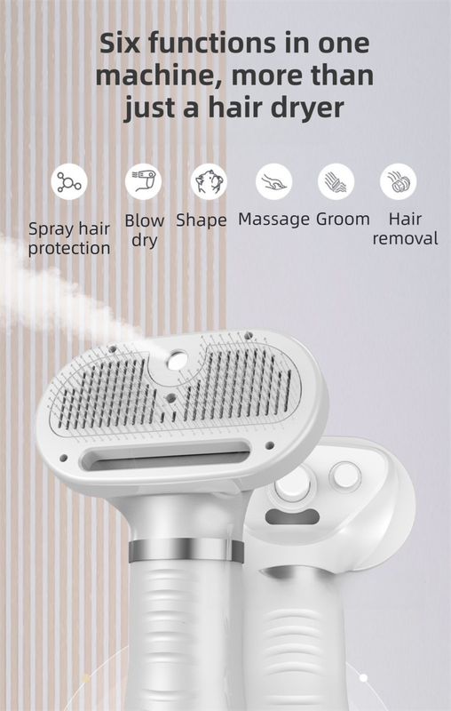 Purple 6-in-1 Pet Grooming Hair Dryer with Noise-Reduction - Lightweight Handheld Blow Dryer & Mist Slicker Brush - 3-Speed Temperature Control, One-Click Deshedding & Painless Massage