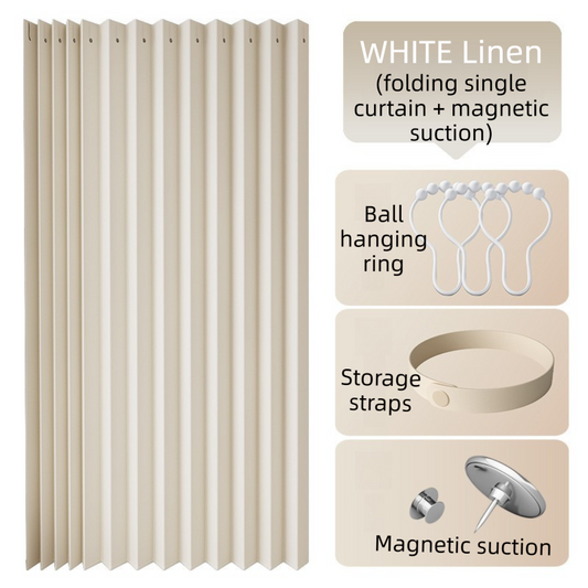 100 X 180 CM White Linen-Look Dust Drill-Free Pull-Curtain - Folding Doorless Closet Divider with Magnetic Closure & Hanging Rings