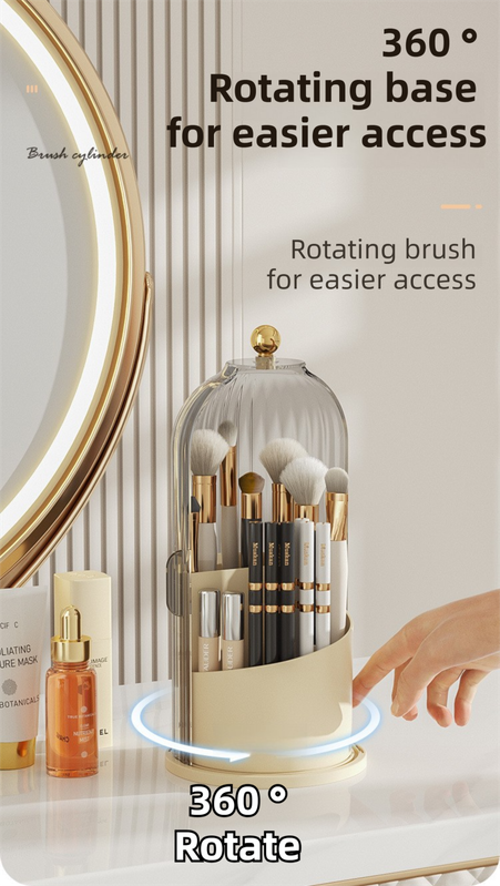 White 360° Rotating Makeup Brush Holder with Black Transparent Dust-Proof Sliding Door - Large Capacity Cosmetic Organizer, Professionaln Gradient Dual Zones