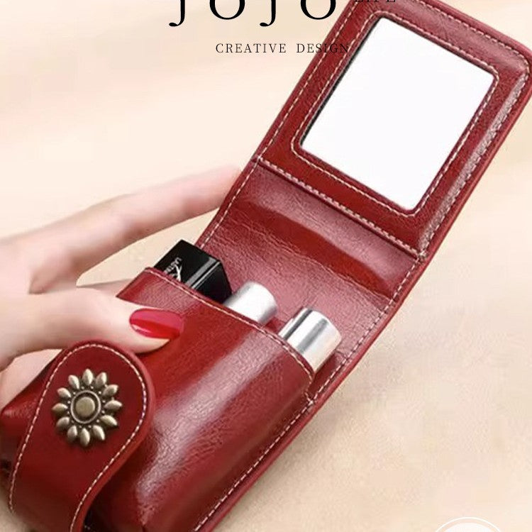 Wine-Red Sleek Compact PU Leather Flap-Top Lip Gloss Organizer with Built-in Mirror