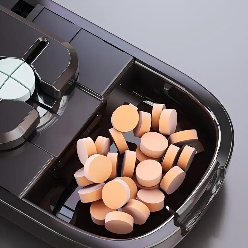 Beige Portable Mini Pill Organizer with 1/2 & 1/4 Precision Cutter - 3-Compartment Daily Travel Medicine Case with Rolling Knob Lock