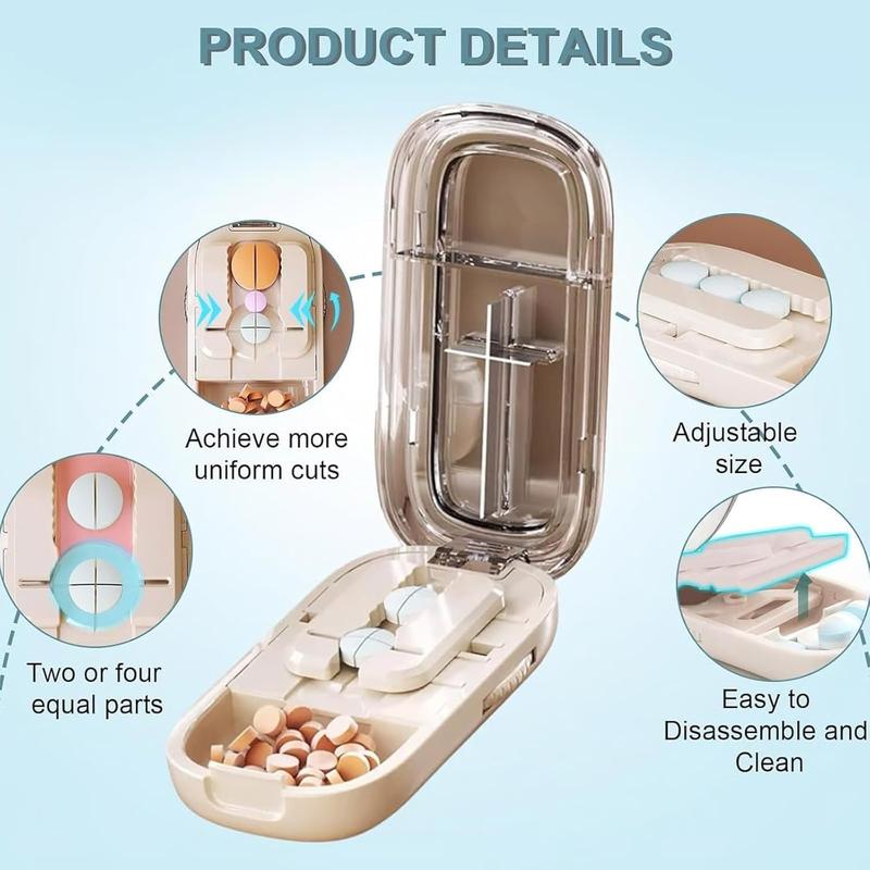 Purple Portable Mini Pill Organizer with 1/2 & 1/4 Precision Cutter - 3-Compartment Daily Travel Medicine Case with Rolling Knob Lock