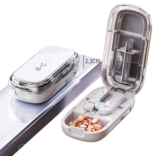 Grey Portable Mini Pill Organizer with 1/2 & 1/4 Precision Cutter - 3-Compartment Daily Travel Medicine Case with Rolling Knob Lock