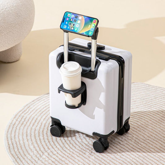 White 14 Inch Lightweight Carry-on Luggage for heights under 1.6m - Underseat & Overhead Cabin Hardside Suitcase with Cup Holder & Phone Stand