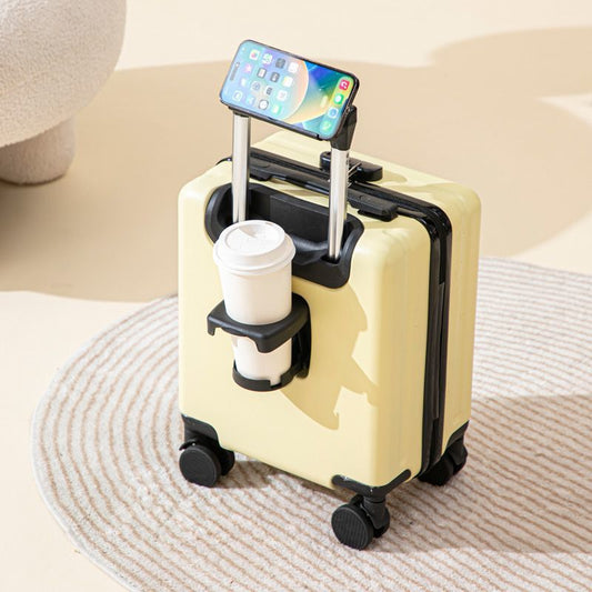 Yellow 14 Inch Lightweight Carry-on Luggage for heights over 1.6m - Underseat & Overhead Cabin Hardside Suitcase with Cup Holder & Phone Stand