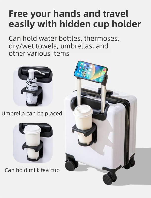 White 16 Inch Lightweight Carry-on Luggage for heights under 1.6m - Underseat & Overhead Cabin Hardside Suitcase with Cup Holder & Phone Stand